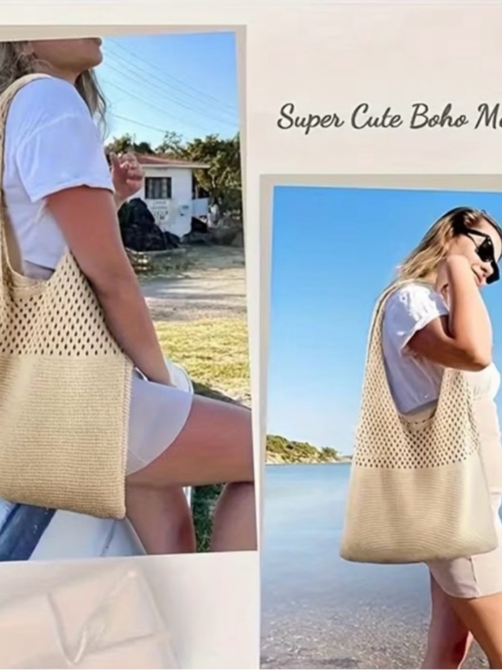 Boho Crocheted Knit Tote Bag in Beige - Casual Women's Shoulder Purse